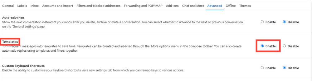 templates option within Gmail screen