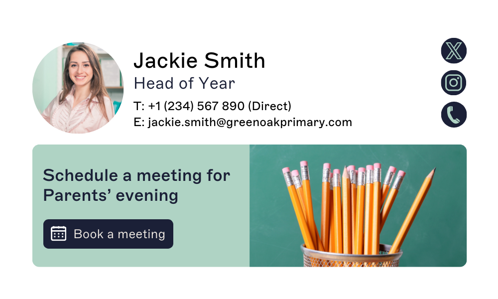 Firmen-E-Mail-Signatur mit Terminbuchungslink und sozialen Symbolen