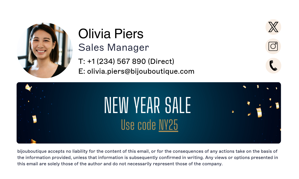professionelles E-Mail-Signaturbeispiel mit Kontaktinformationen und Neujahrs-Promo-Banner