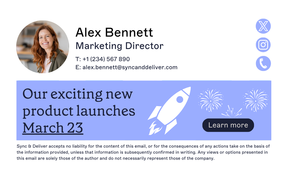 email signature template promoting a product launch