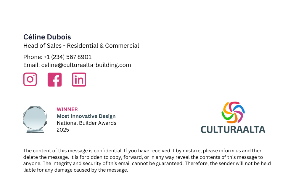 email signature featuring contact info, social media icons, and email disclaimer