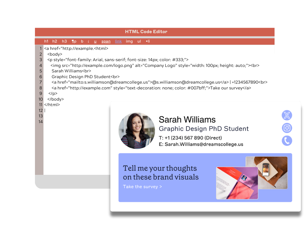html code editor used to create an email signature