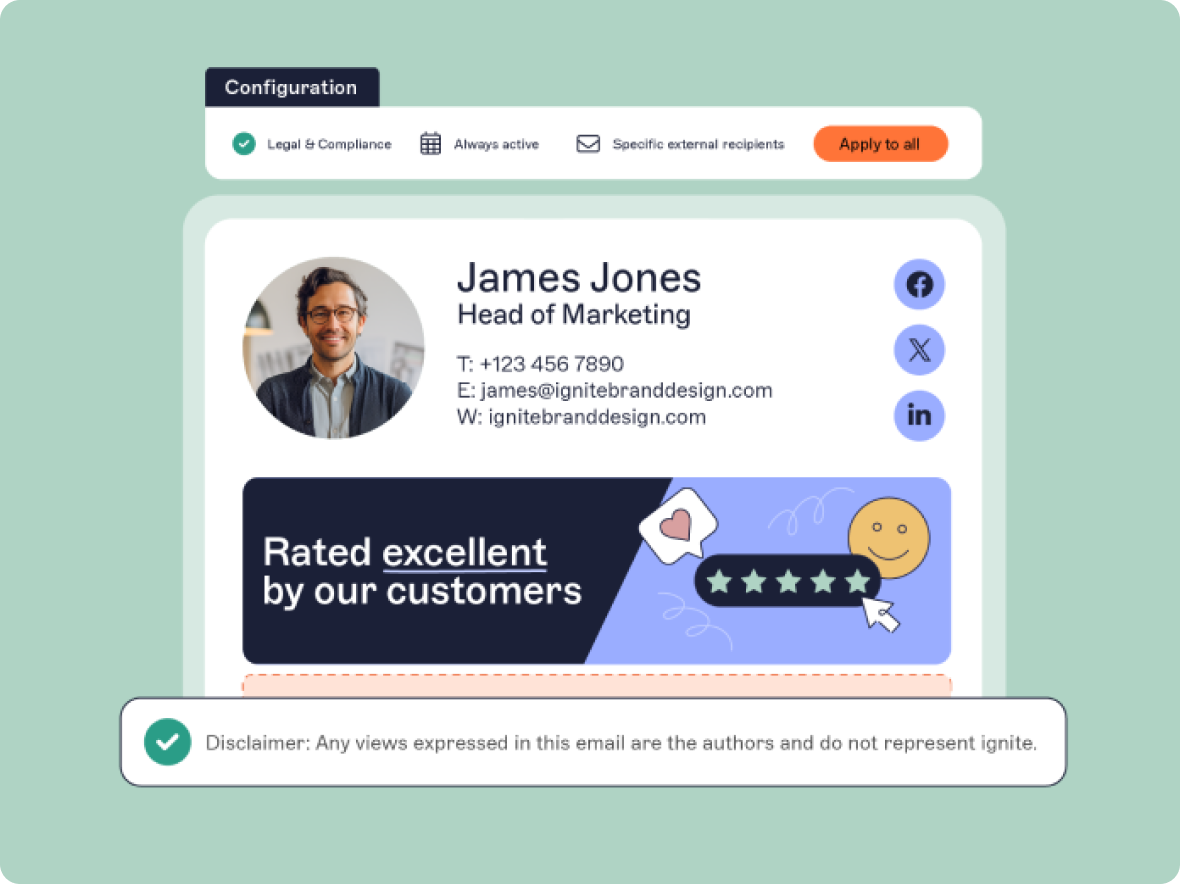 Email signature with a photo, contact info, and a customer rating graphic. Disclaimer about views at the bottom.