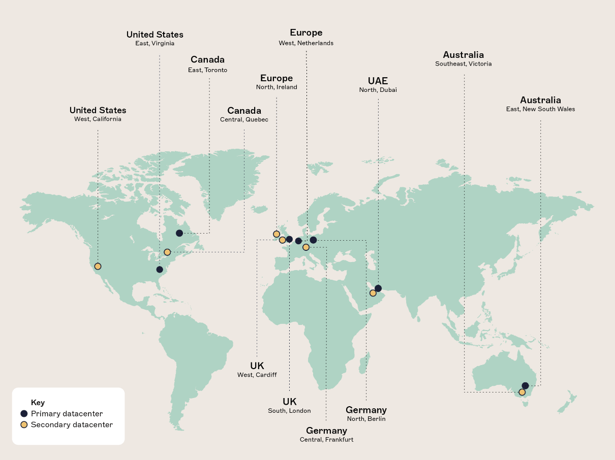 Karte der Azure-Rechenzentren von Exclaimer