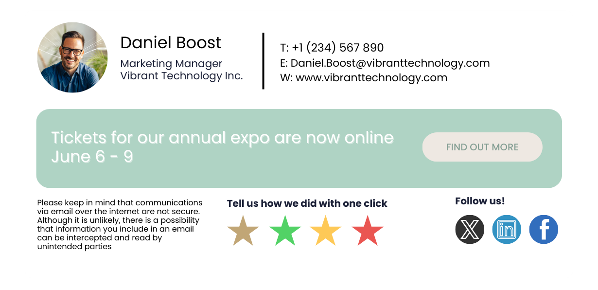 email signature design with feedback and social icons