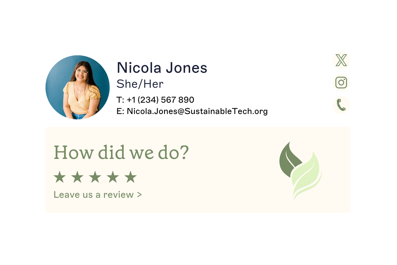 Firmensignatur mit Feedback-Banner, Social-Media-Icons und Profilfoto