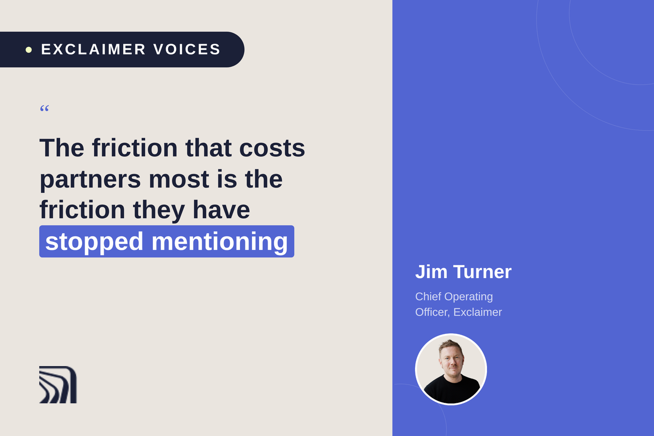 Quote about unnoticed friction by Jim Turner, Chief Operating Officer at Exclaimer, with a circular photo of him on a blue background.