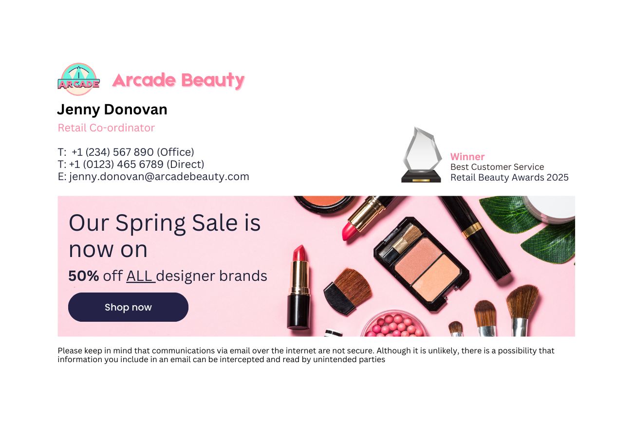 email signature design with banner and award