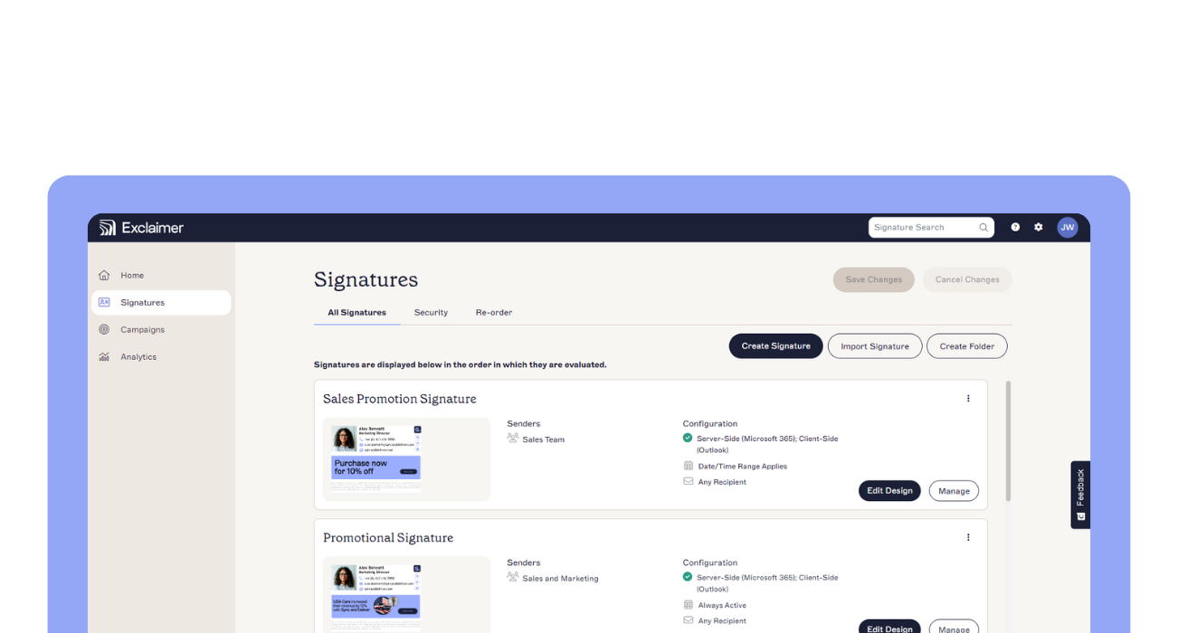signature search in the exclaimer ui