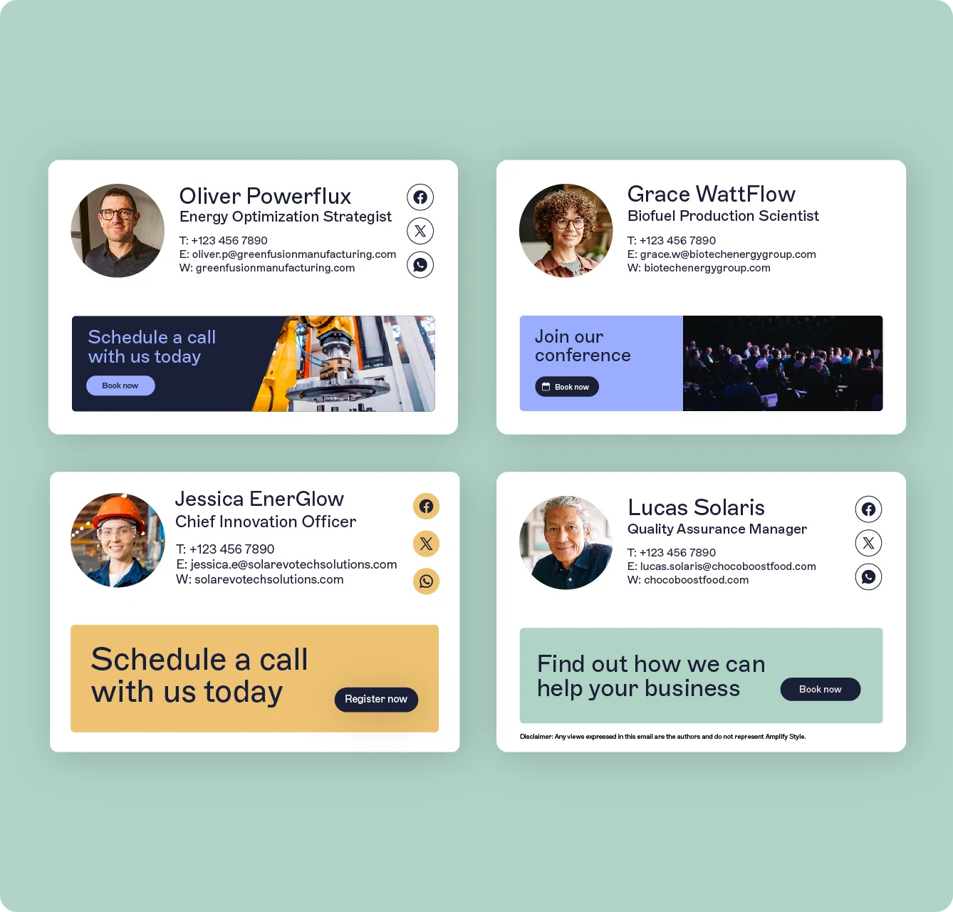 Four email signatures with photos and contact details