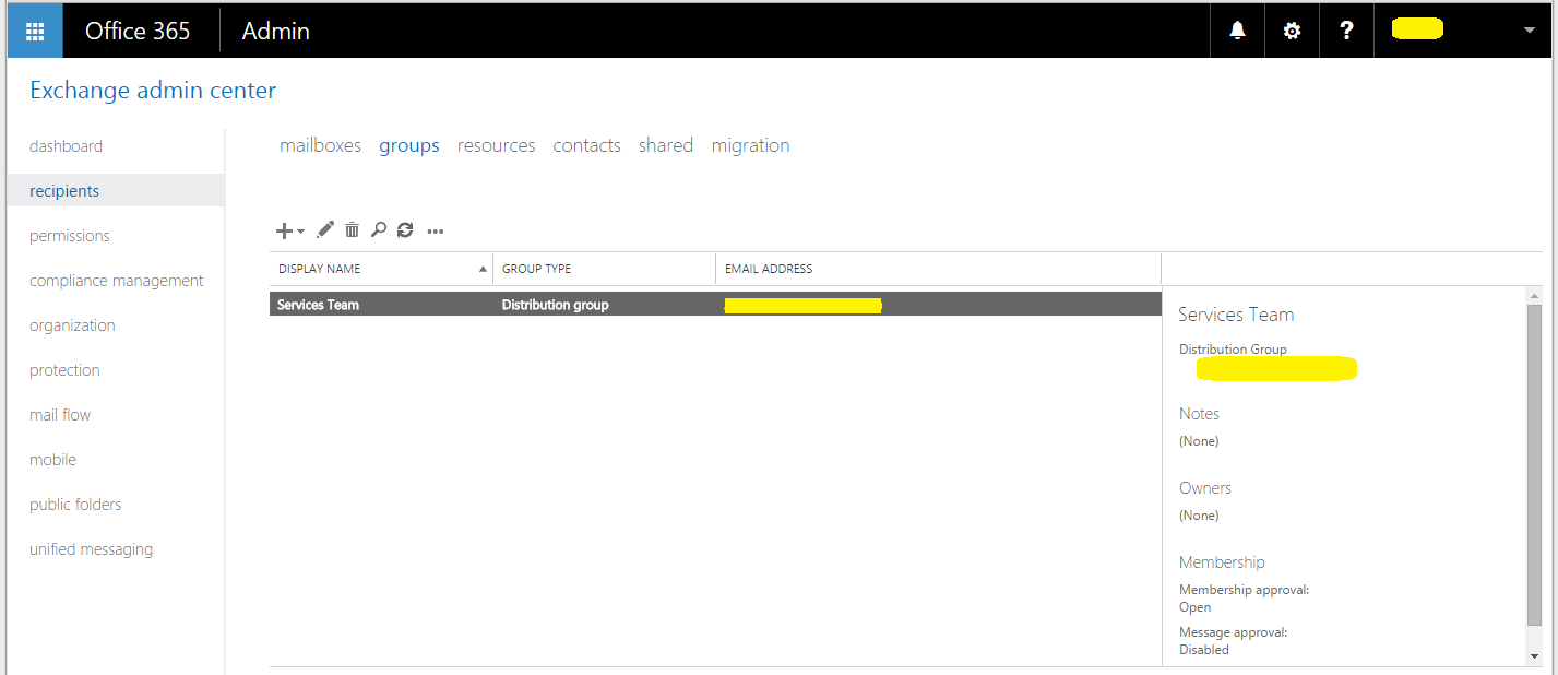 Exchange admin center showing Office 365 distribution group