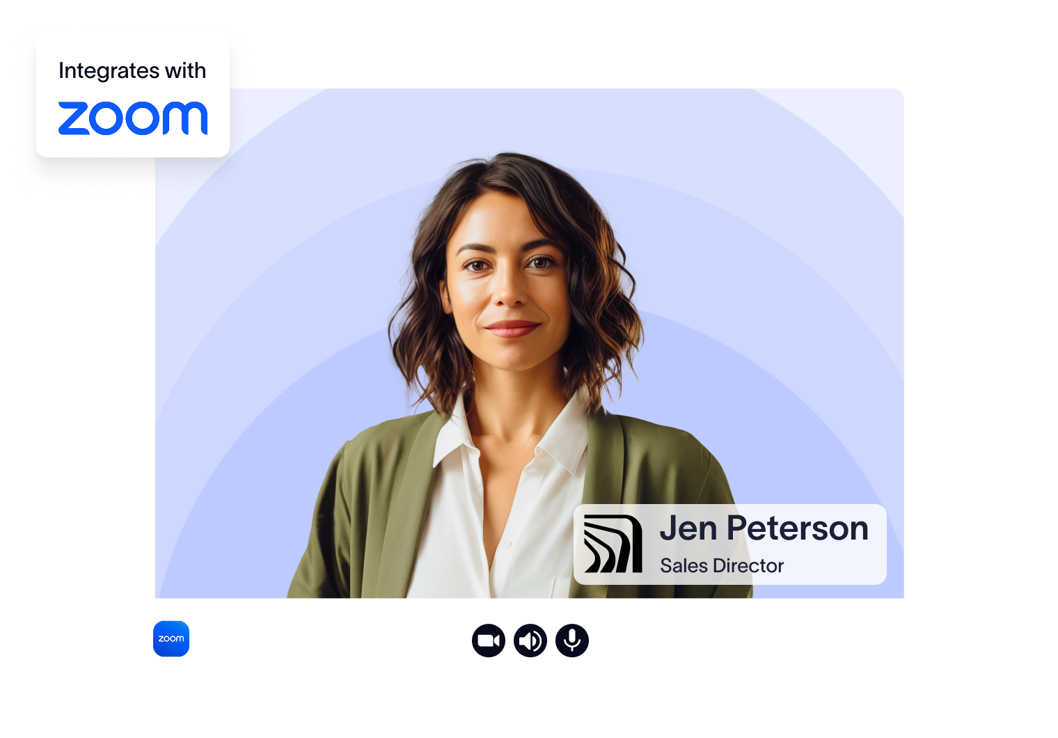 A woman with shoulder-length hair in a virtual meeting interface labeled "Jen Peterson, Sales Director." The screen shows a Zoom integration.