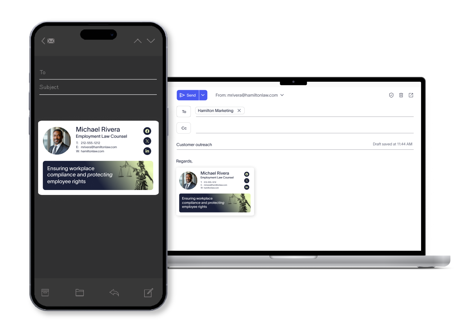 email signatures on mobile and laptop