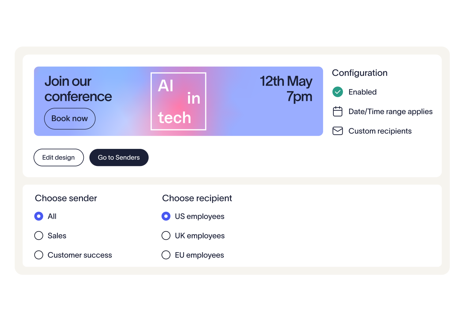 Conference invitation for "AI in tech" on 12th May at 7pm. Options to choose sender and recipient, with configurations enabled.
