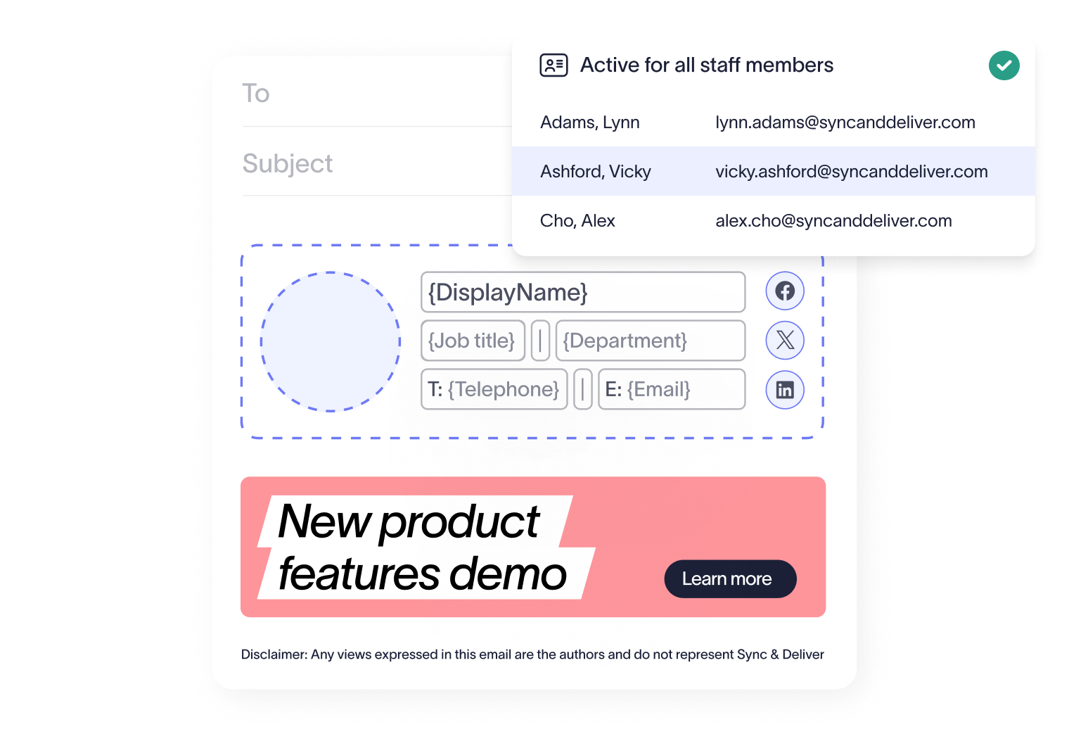 Close-up of email signature template draft with a dropdown showing staff member contact options.