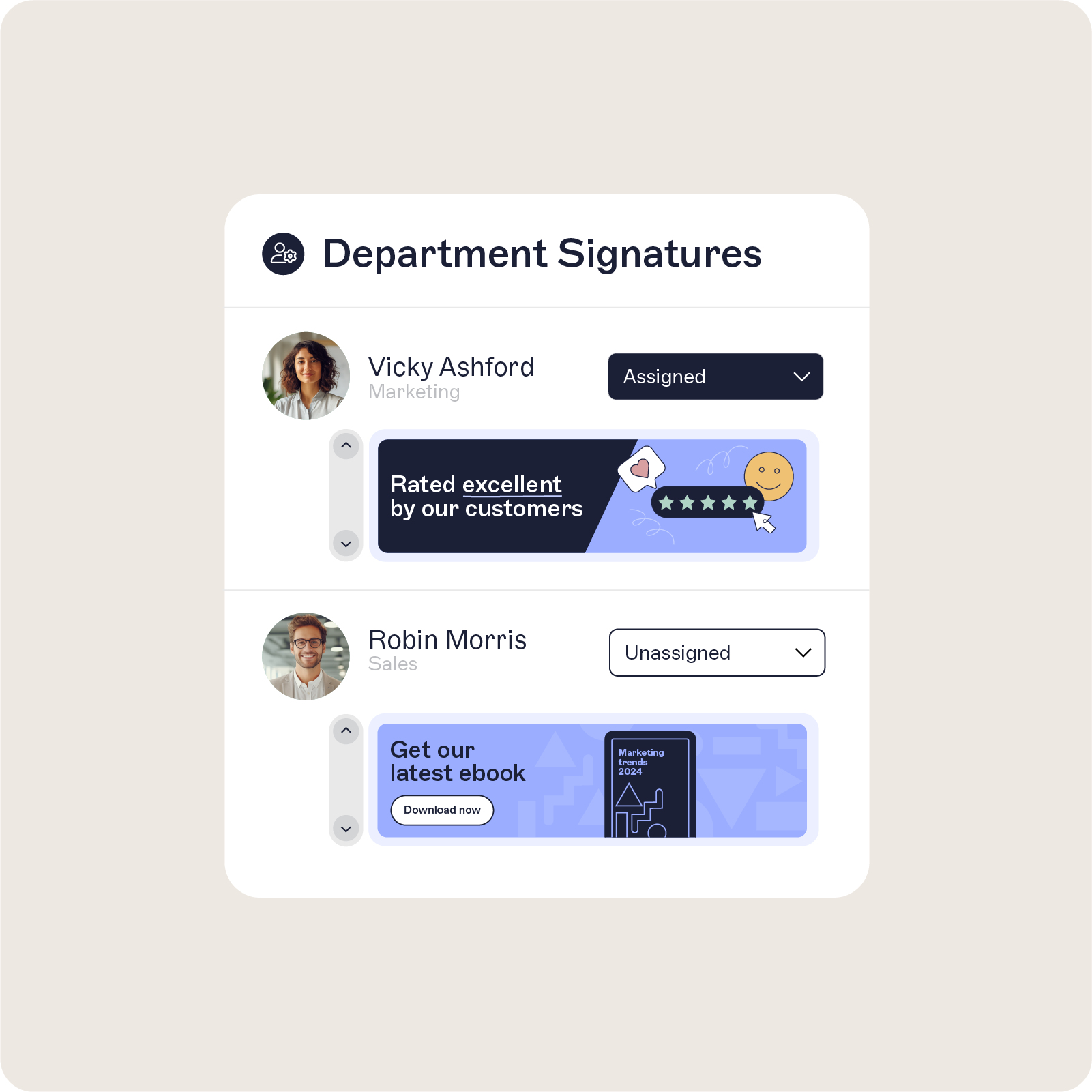 different departmental signatures with photos