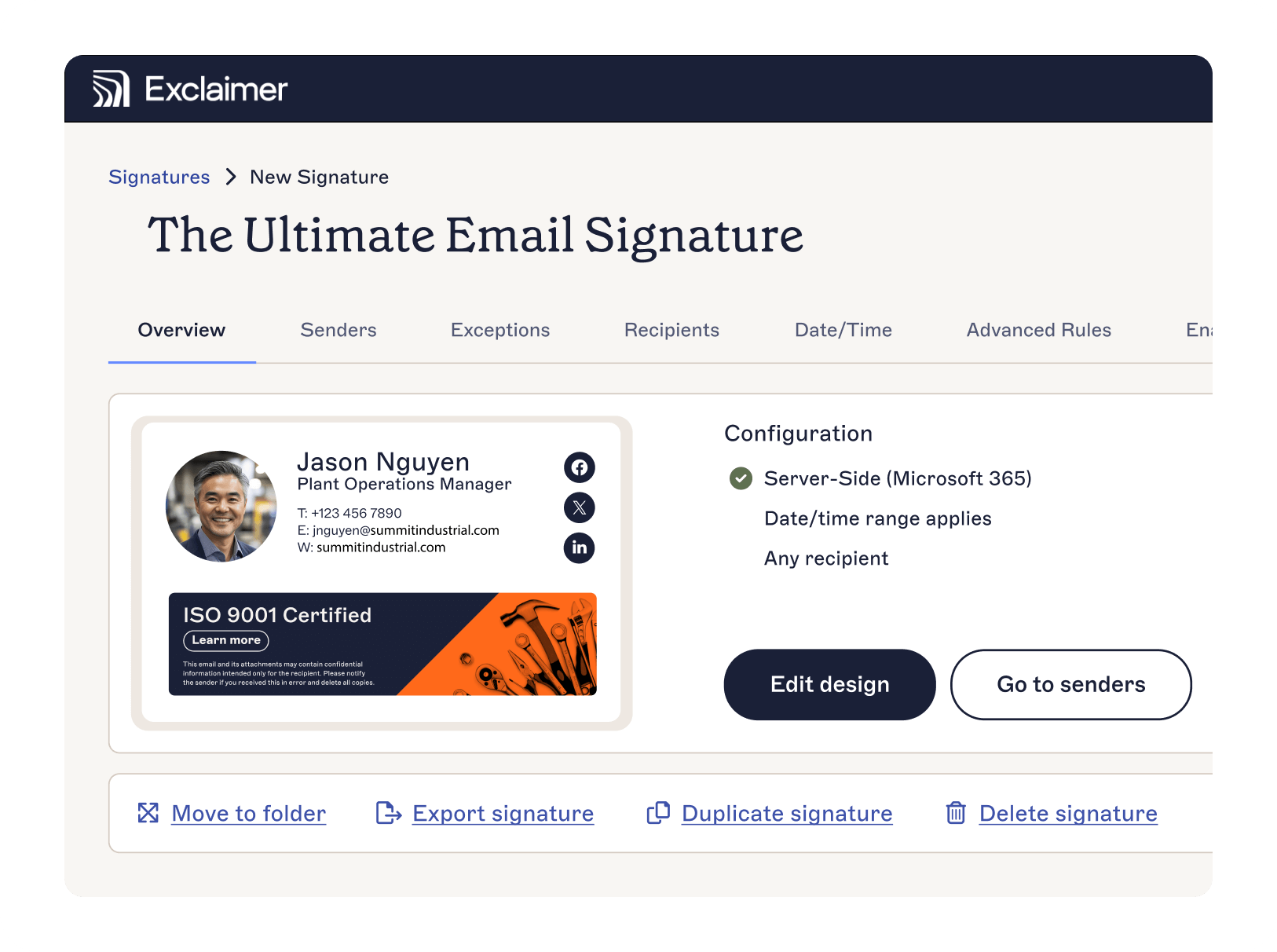 Dashboard showing email signature configuration in Exclaimer