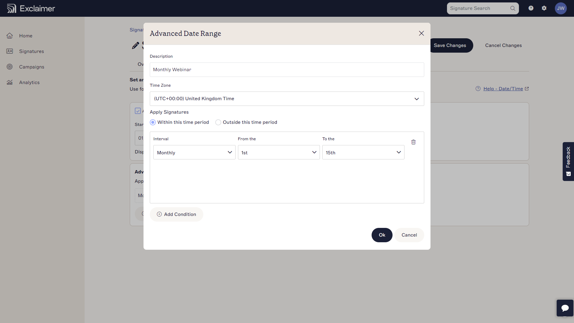 setting date ranges in exclaimer