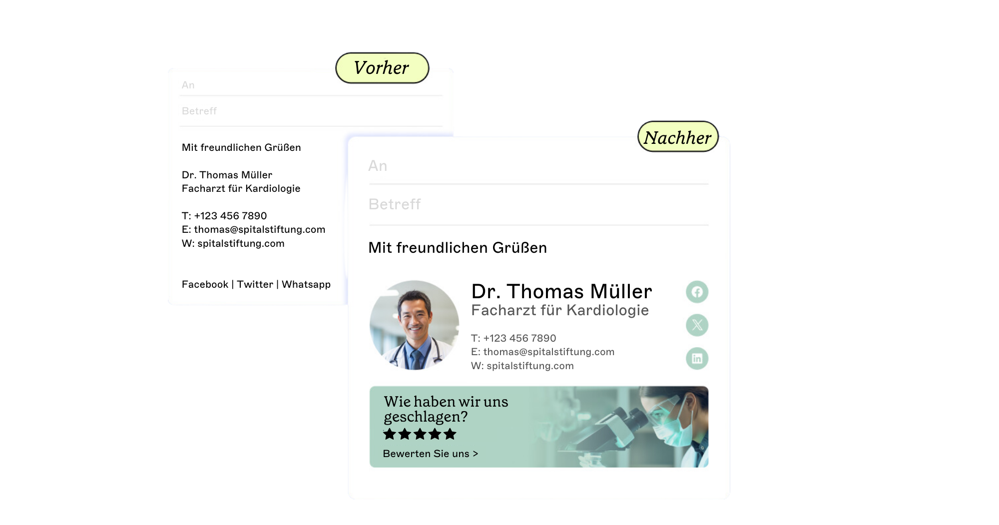 vor und nach dem Einsatz einer eine E-Mail-Signatur-Management-Lösung