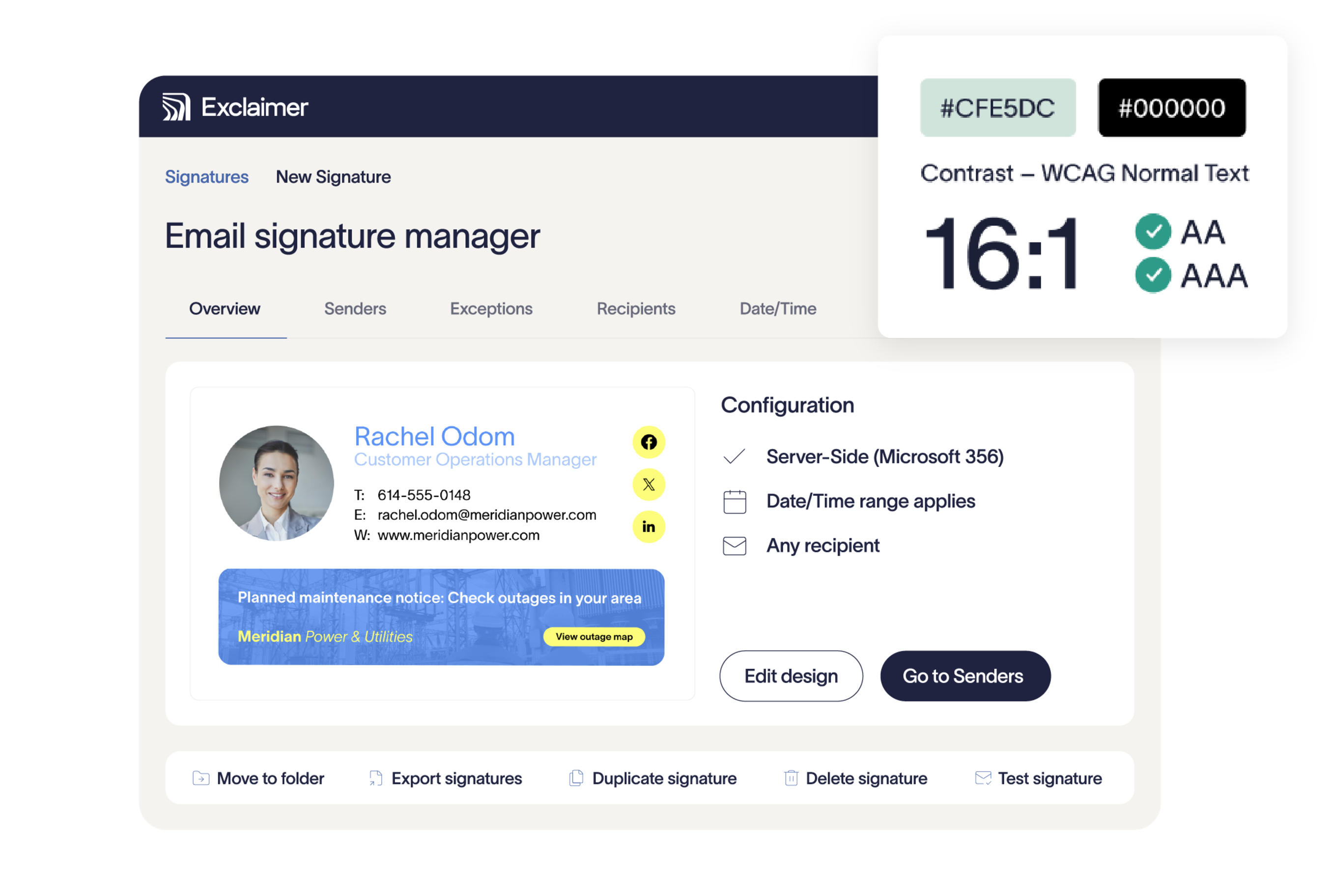 Interface of an email signature manager showing settings, user information, and accessibility contrast ratio.