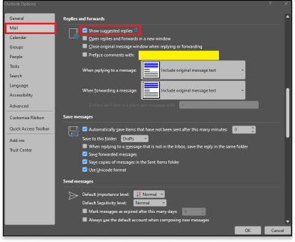 turn off suggested replies in outlook for windows