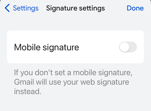 Mobile Signatur-Einstellung in der Gmail-App für iPhone