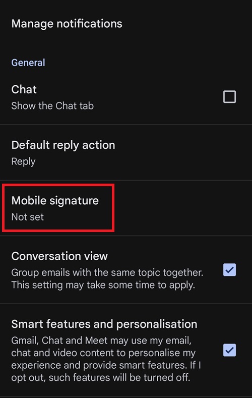 Mobile Signatur-Einstellung in der Gmail-App für Android