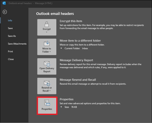 Properties option in Outlook for Windows