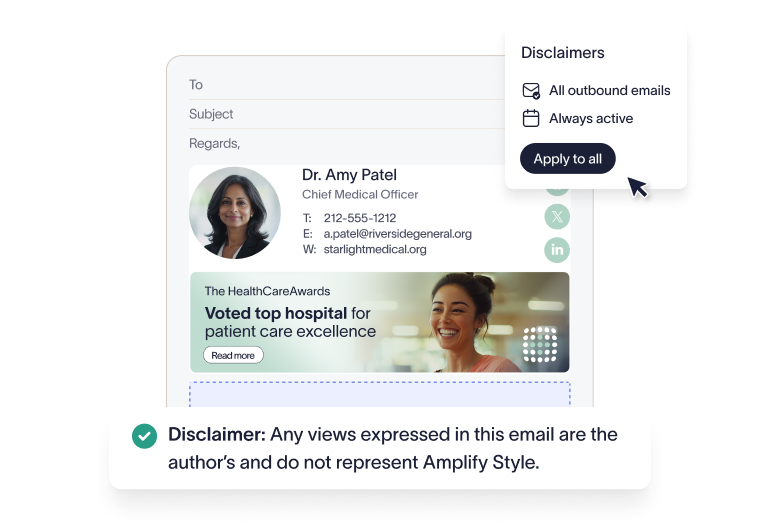 Email signature with contact info, hospital award banner, and a disclaimer about views expressed.