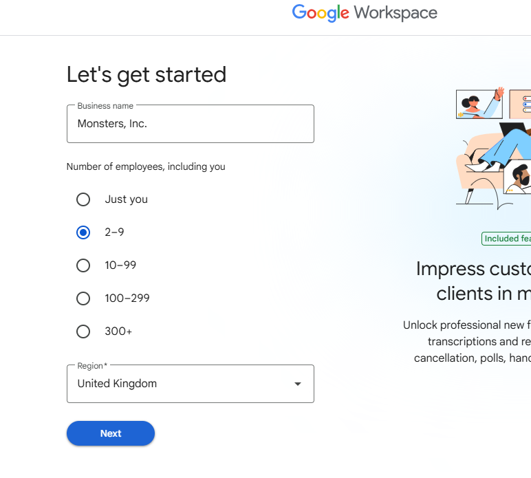 Google Workspace setup page