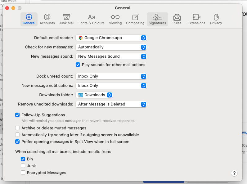 Email settings window showing various configurable options like default email reader, notifications, and download locations.
