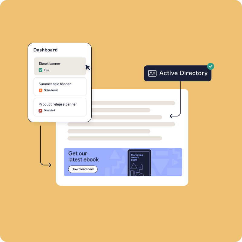 Illustration of a dashboard showing banner statuses, linked to a webpage with a "Download now" button for an ebook.