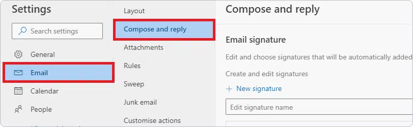 Email settings interface showing options for composing and replying, with "Email signature" highlighted for editing or creating new signatures.