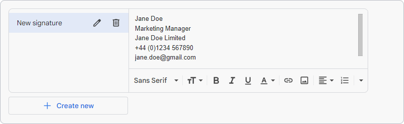 Gmail signature editor showing contact details for a marketing manager, including name, company, phone number, email, and text formatting options.