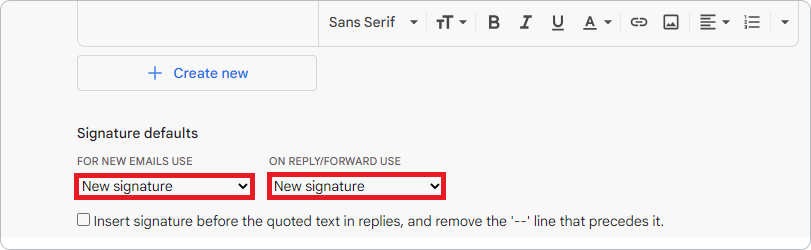 Gmail settings interface showing options for setting default signatures for new emails and replies/forwards, with dropdown menus highlighted.