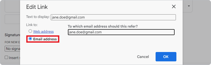 Dialog box for editing a link in an email signature, displaying fields for text and email address, with "Email address" option highlighted.