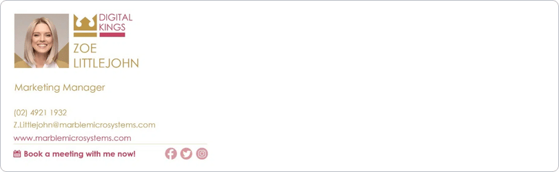 Geschäftliche E-Mail-Signatur mit einem Foto einer Frau, ihrem Namen, Titel, Kontaktdaten und Social-Media-Icons.