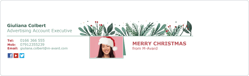 Festive email signature with a woman's photo in a Santa hat