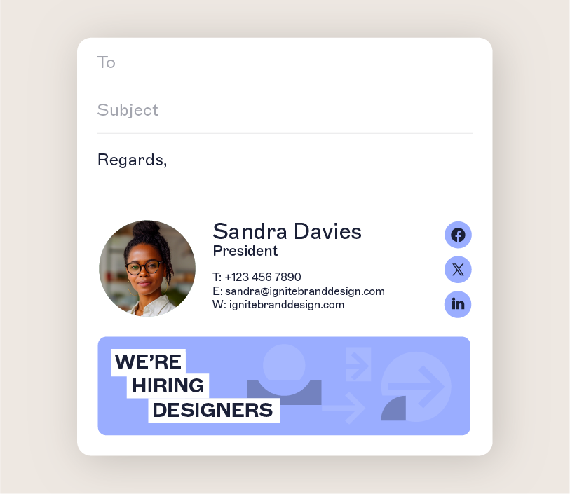 president email signature example with banner and social icons